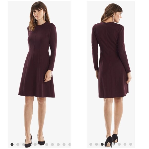 MM.Lafleur Ellis Ponte Knit Midi Dress Size 8 Burgundy Long Sleeve A-line Career - Picture 1 of 16